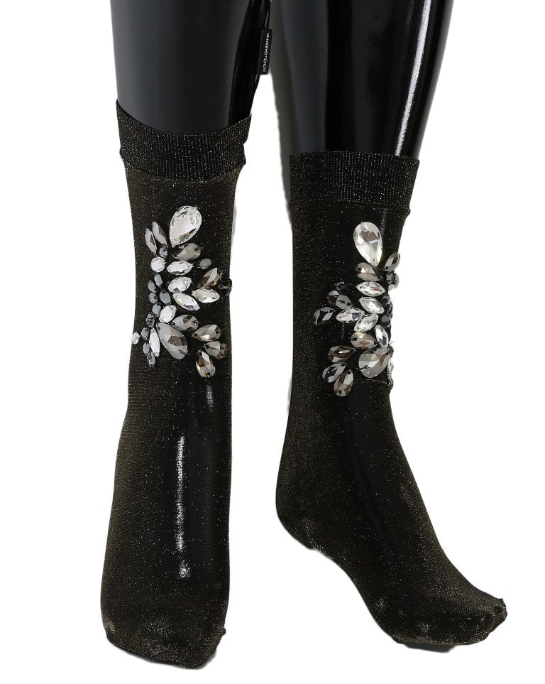 Chaussettes noires stretch à motifs floraux et cristaux transparents de Dolce & Gabbana