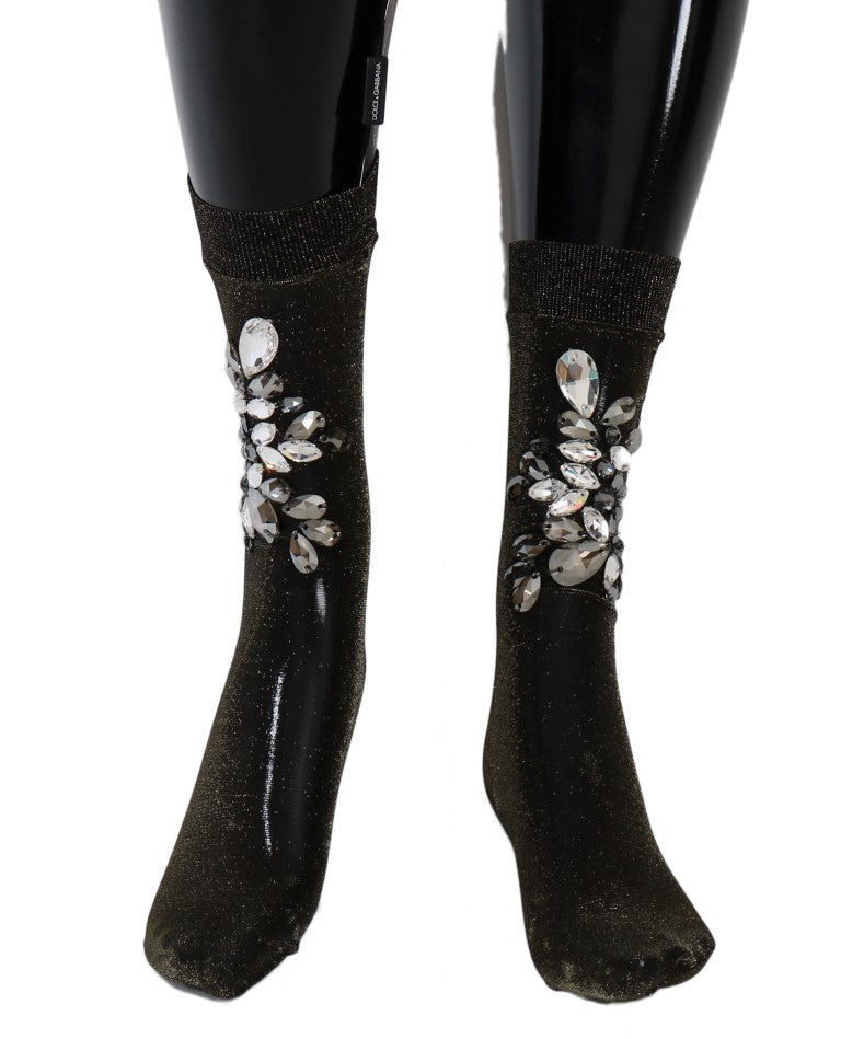 Chaussettes noires stretch à motifs floraux et cristaux transparents de Dolce & Gabbana
