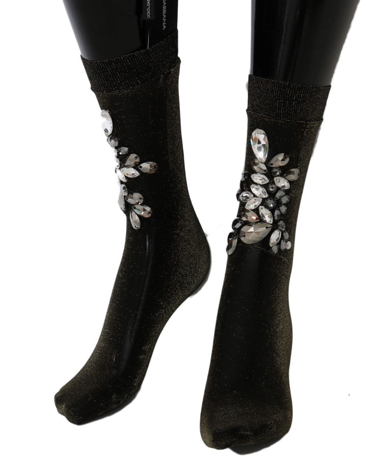 Chaussettes noires stretch à motifs floraux et cristaux transparents de Dolce & Gabbana