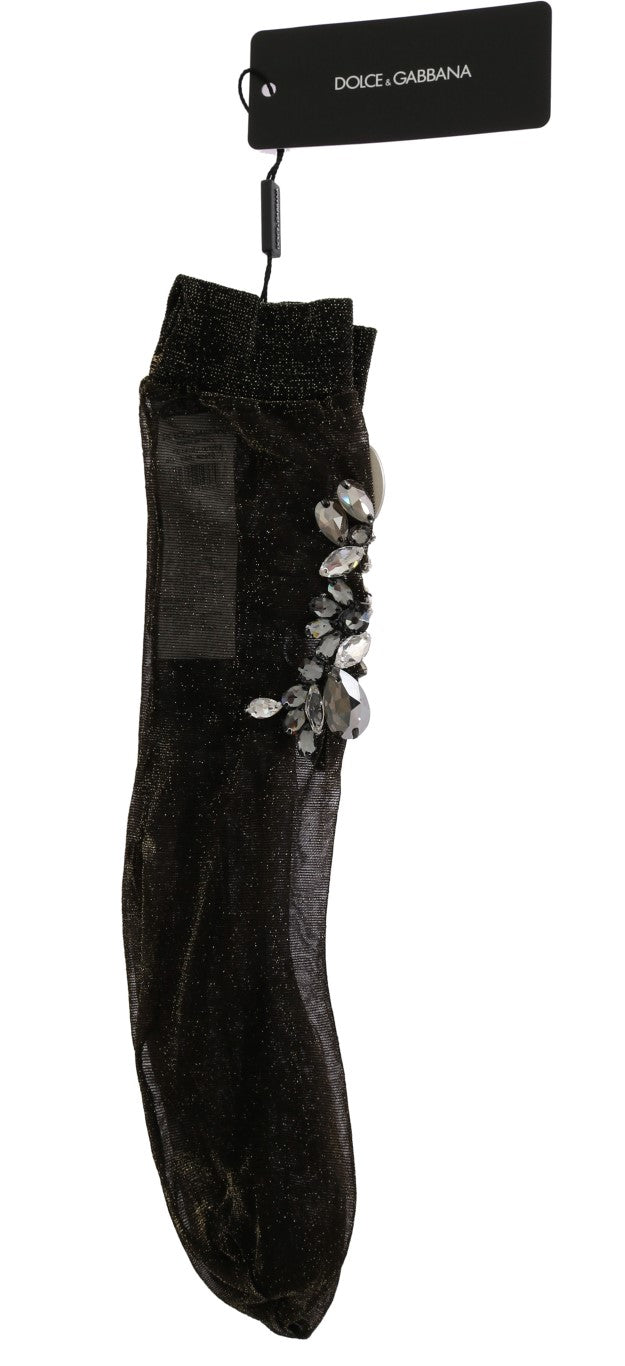 Chaussettes noires stretch à motifs floraux et cristaux transparents de Dolce & Gabbana