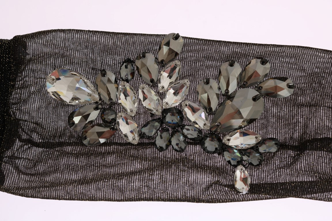 Chaussettes noires stretch à motifs floraux et cristaux transparents de Dolce & Gabbana