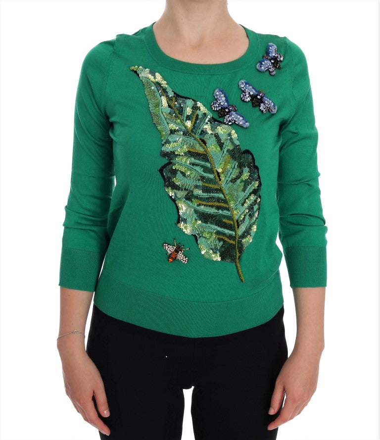 Pull en soie verte à motif banane et cristaux de Dolce & Gabbana