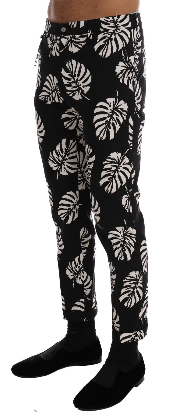 Dolce & Gabbana witte en zwarte katoenen stretch slim fit broek met bladmotief