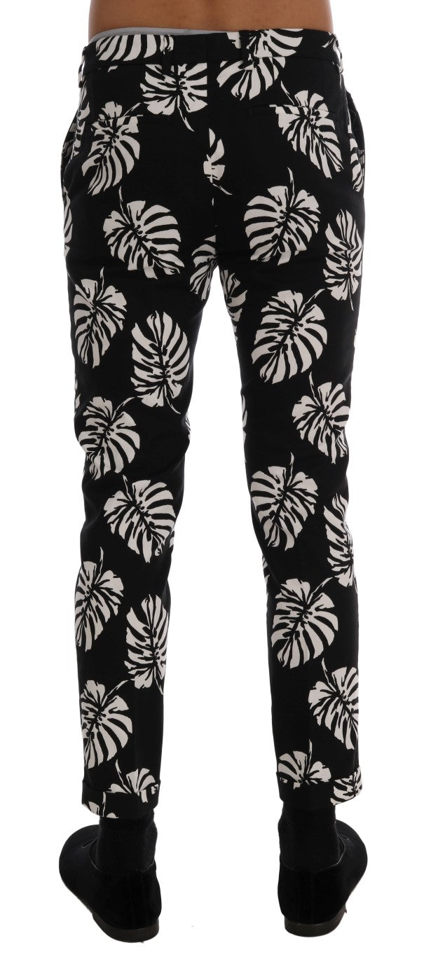 Dolce & Gabbana witte en zwarte katoenen stretch slim fit broek met bladmotief