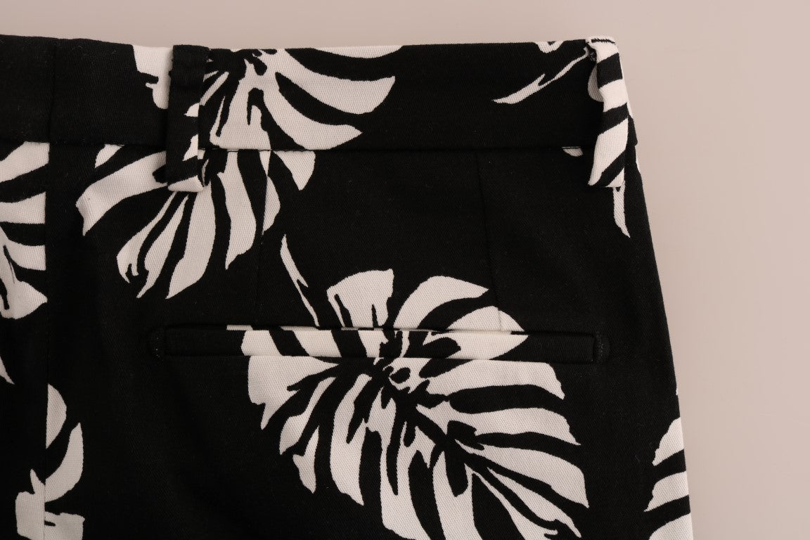 Dolce & Gabbana witte en zwarte katoenen stretch slim fit broek met bladmotief