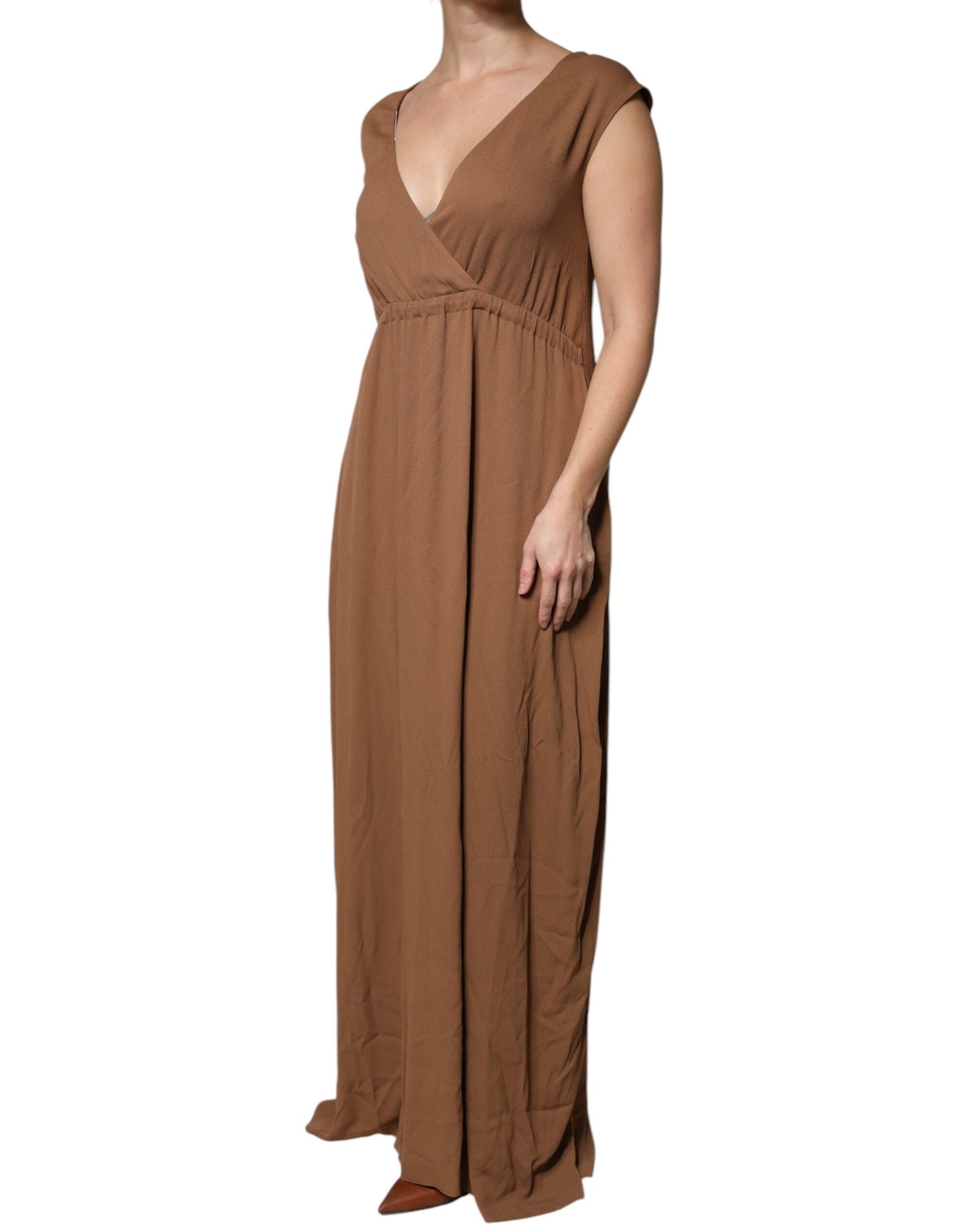 Robe longue maxi A-line marron sans manches et à décolleté V profond de Fabiana Filippi