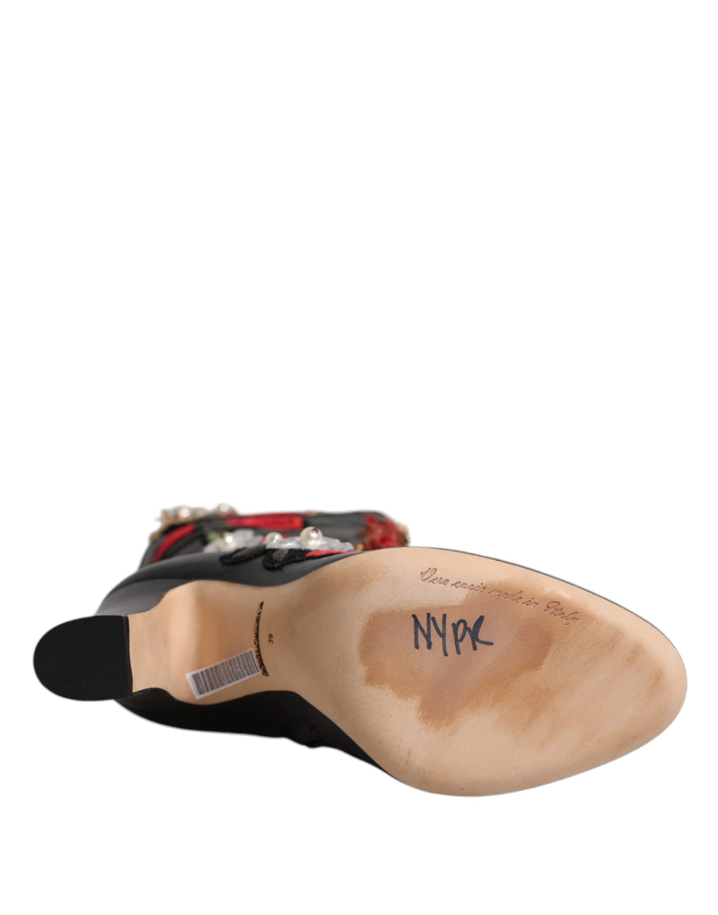 Bottines en cuir à talons ornées de roses noires Dolce & Gabbana