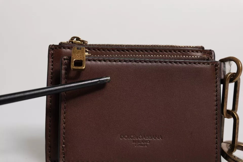 Dolce & Gabbana Bruine Leren Rits Logo Sleutelhanger Portemonnee Sleutelhanger Portemonnee