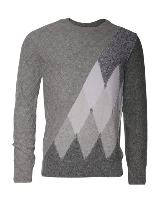 Ballantyne grijze cashmere argyle intarsia gebreide trui met ronde hals.