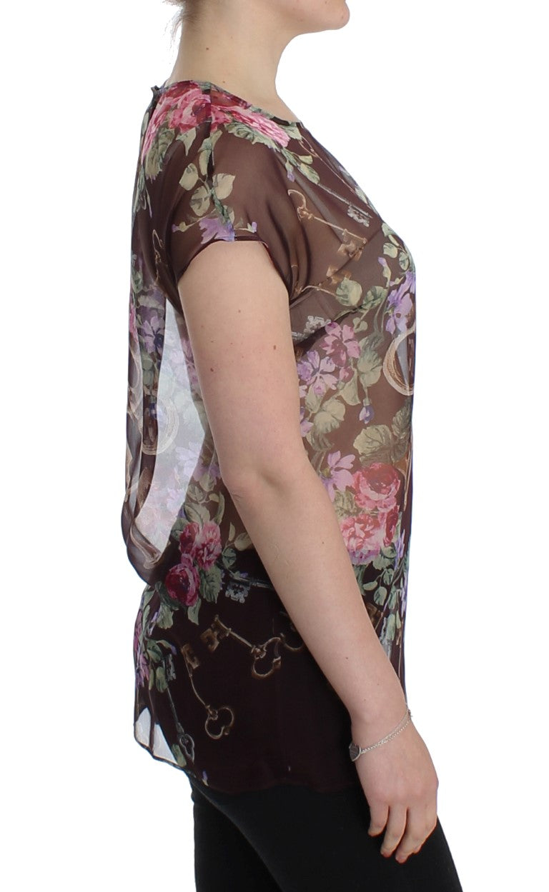 Blouse en soie à imprimé floral noir à motif de clé de Dolce & Gabbana, modèle T-shirt.