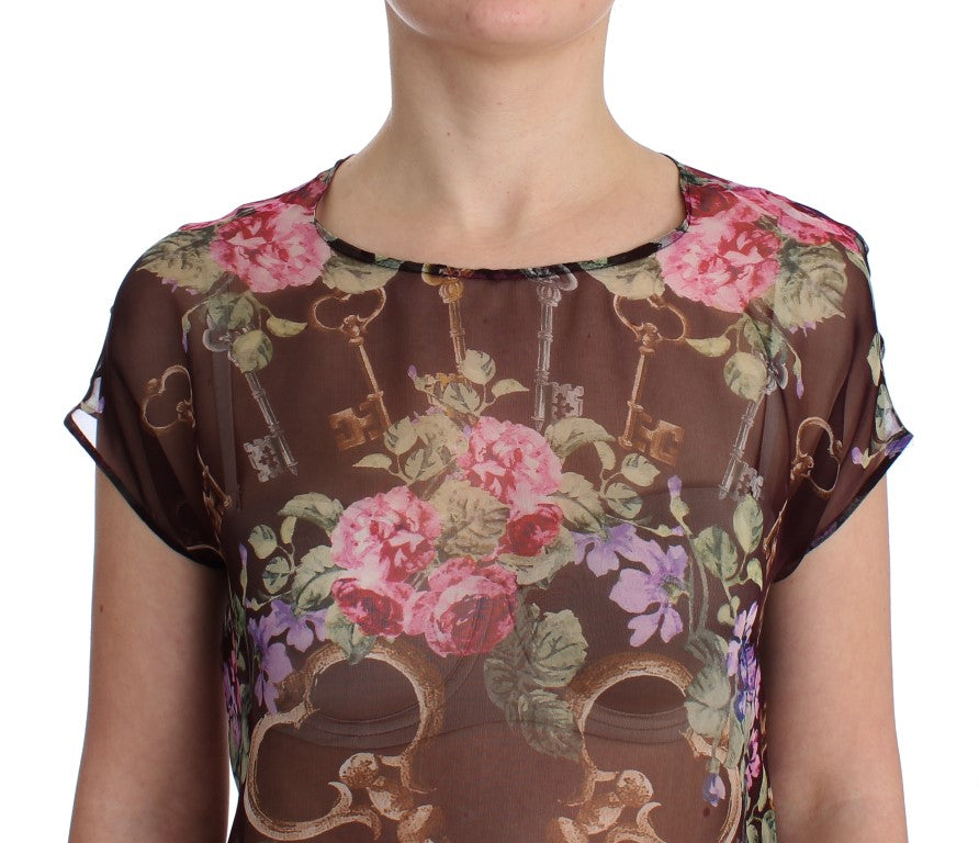 Blouse en soie à imprimé floral noir à motif de clé de Dolce & Gabbana, modèle T-shirt.
