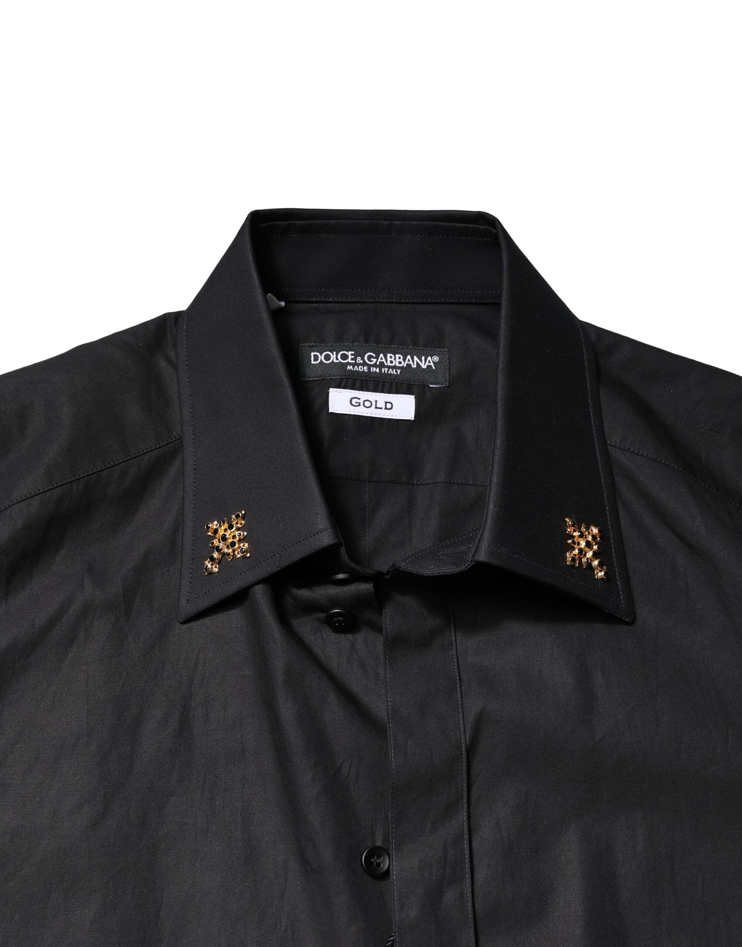 Chemise de ville homme Dolce & Gabbana noire, ornée de croix dorées.