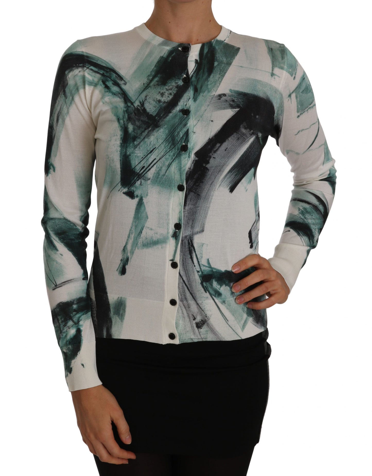 Cardigan en soie blanche Dolce & Gabbana, pull léger à motifs de coups de pinceau
