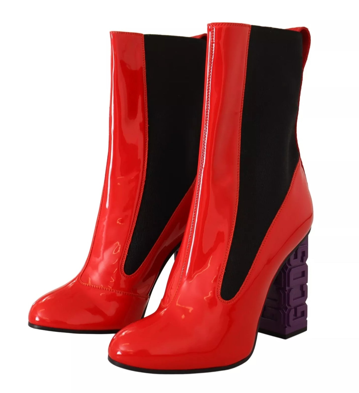 Bottines GCDS en cuir rouge et tissu noir, talons à logo.