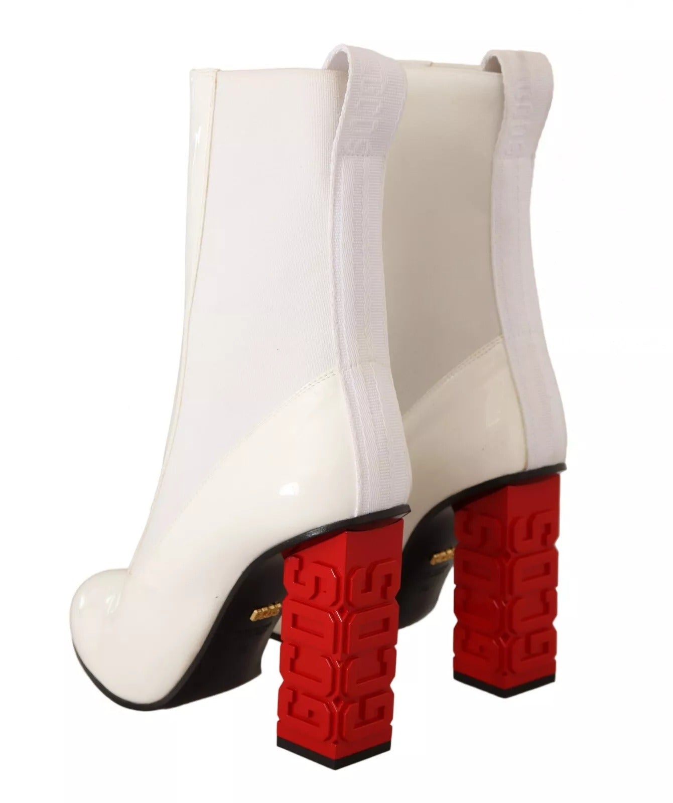 Bottines en cuir blanc et tissu avec logo rouge, talons hauts, GCDS