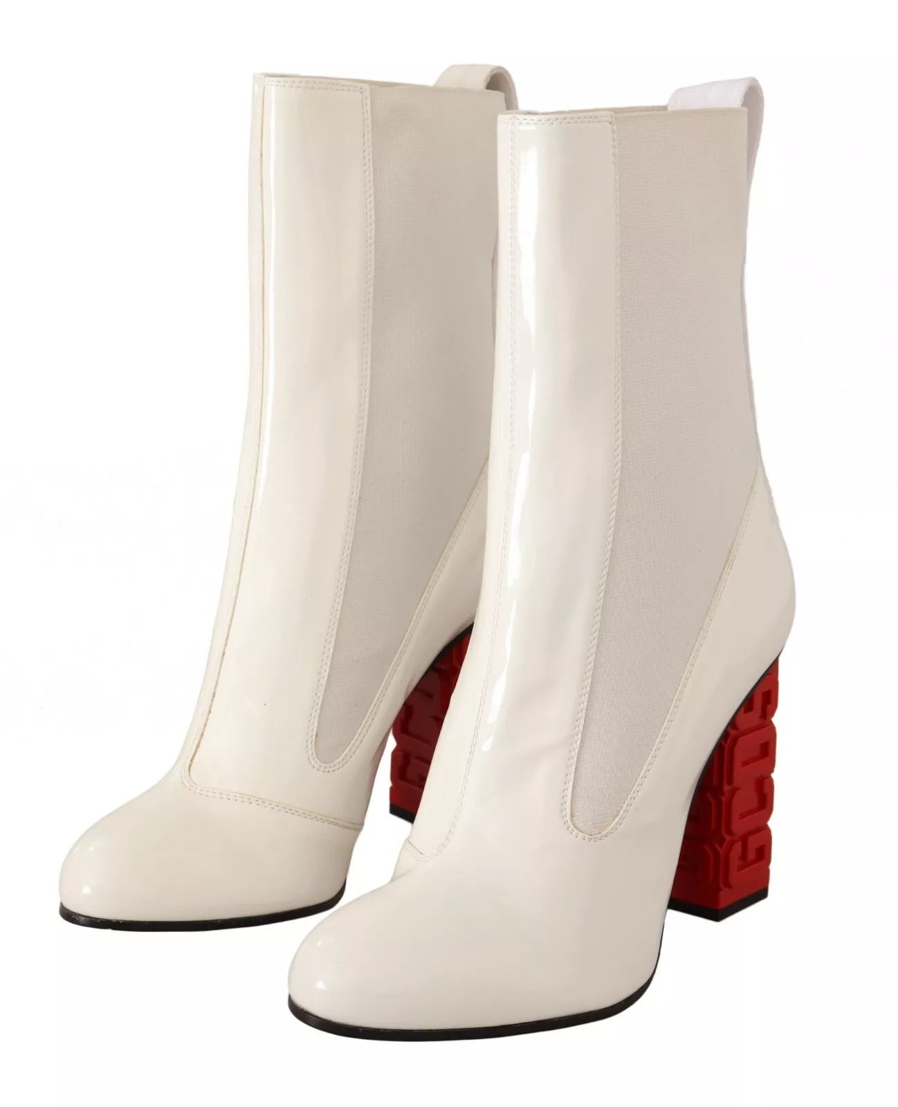 Bottines en cuir blanc et tissu avec logo rouge, talons hauts, GCDS