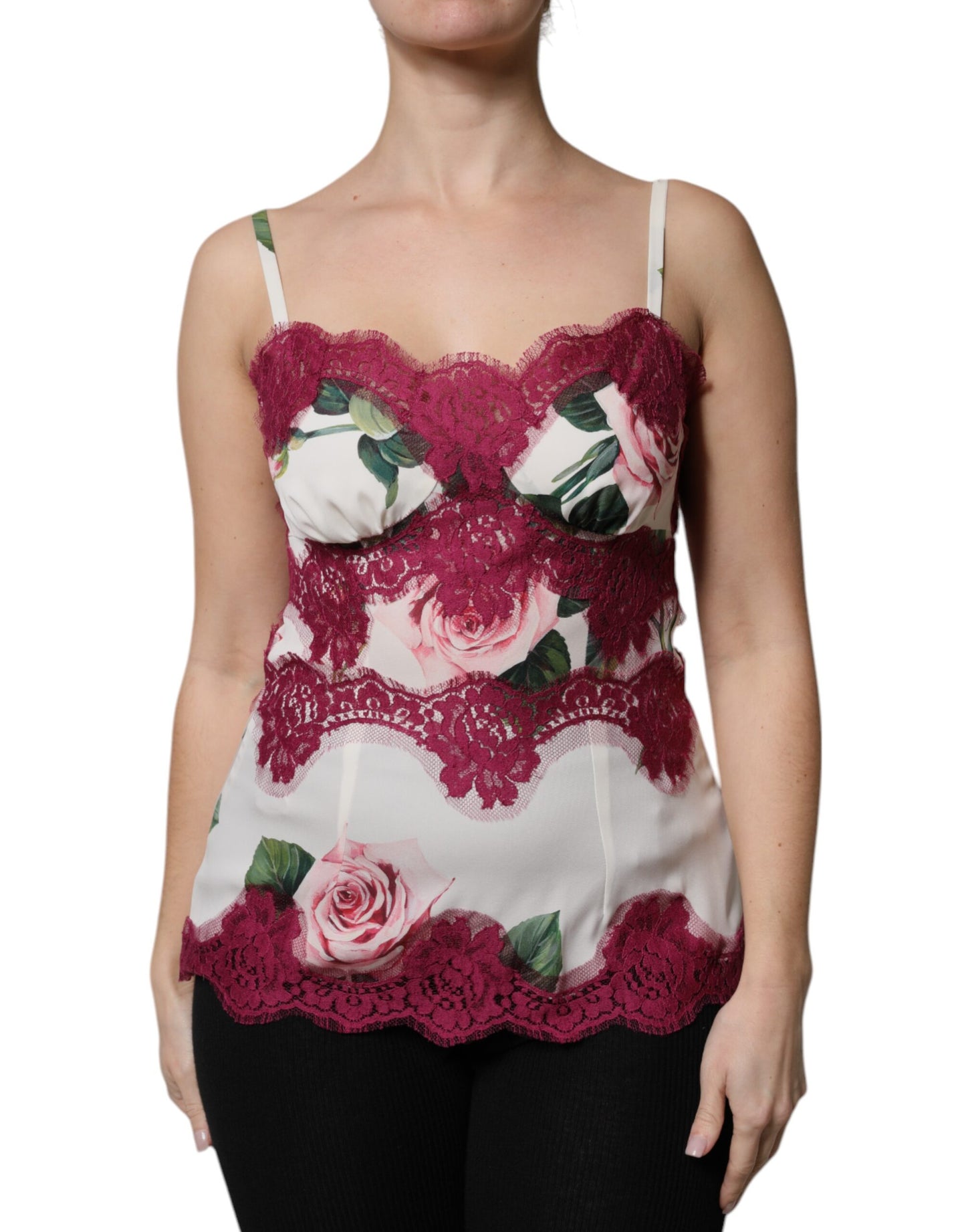 Dolce & Gabbana Witte Rozenprint Satinen Kant Tanktop Ondergoed