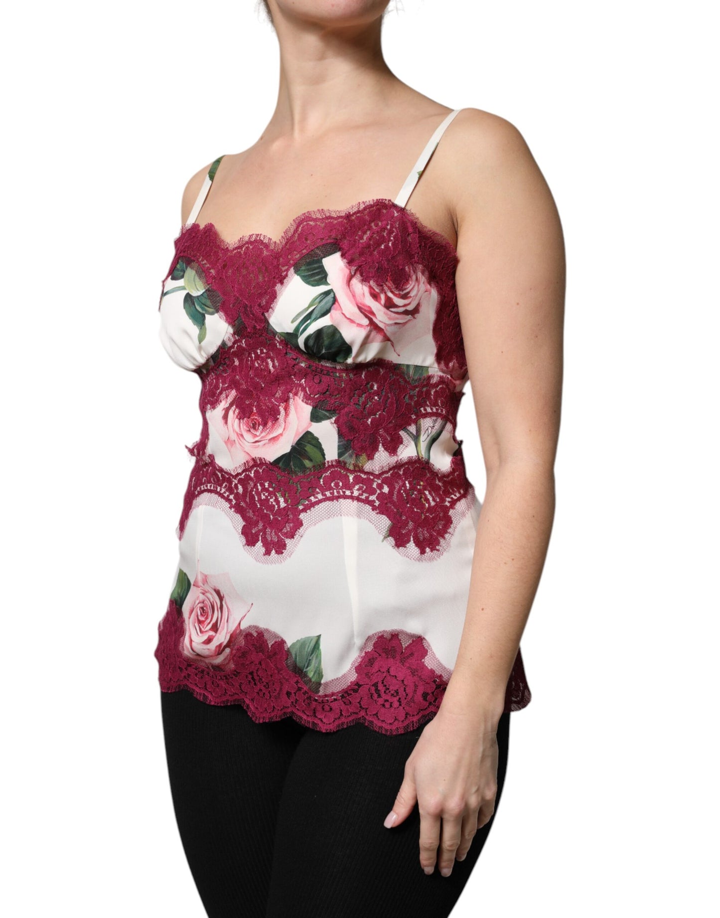 Dolce & Gabbana Witte Rozenprint Satinen Kant Tanktop Ondergoed