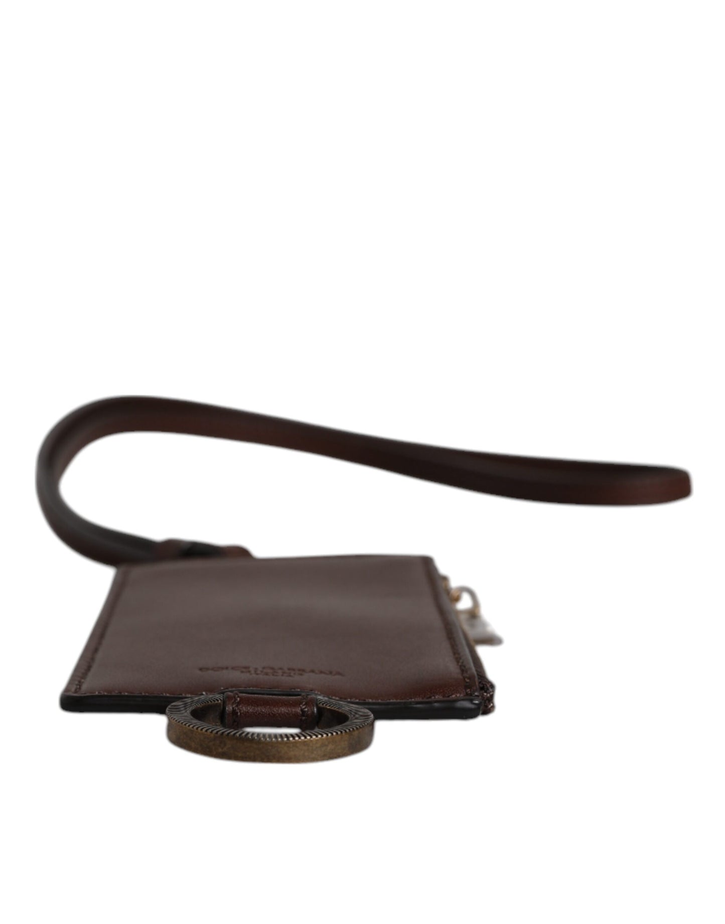 Portefeuille porte-cartes Dolce & Gabbana en cuir de veau marron avec cordon et logo