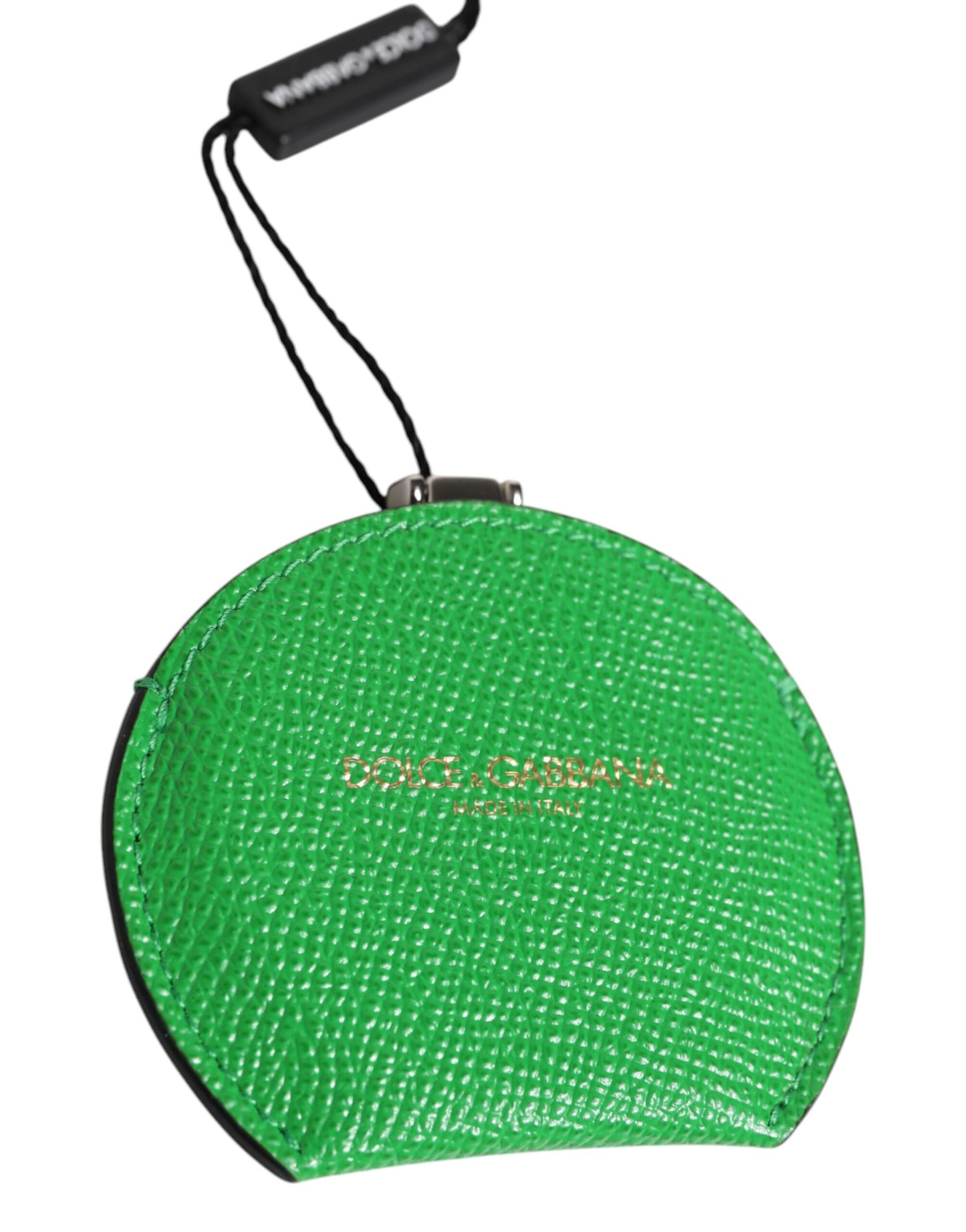 Porte-miroir à main rond en cuir de veau vert Dolce & Gabbana avec logo