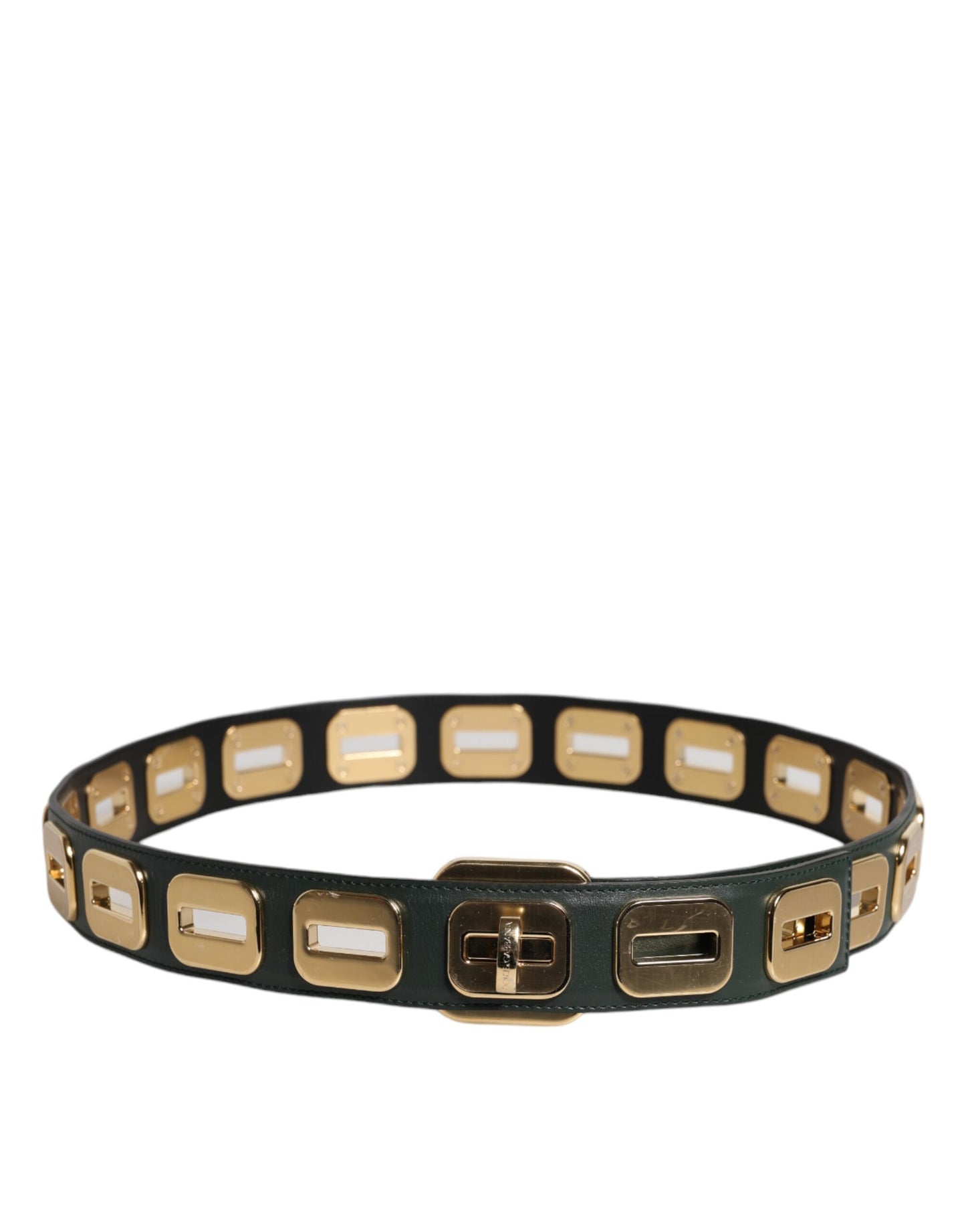 Dolce & Gabbana Groene Leren Goudkleurige Riem met Draaibare Gesp