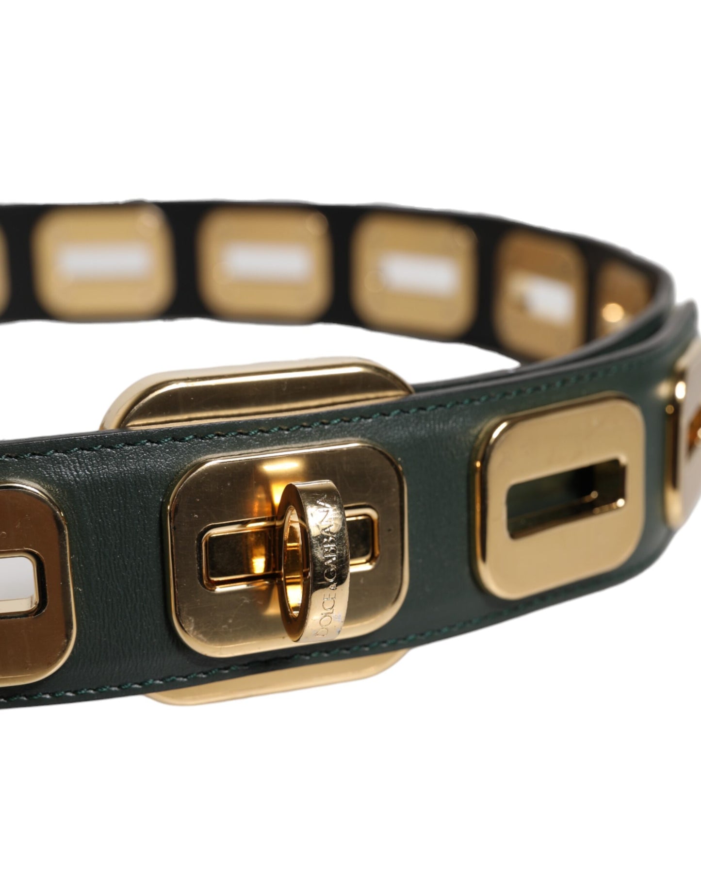 Dolce & Gabbana Groene Leren Goudkleurige Riem met Draaibare Gesp
