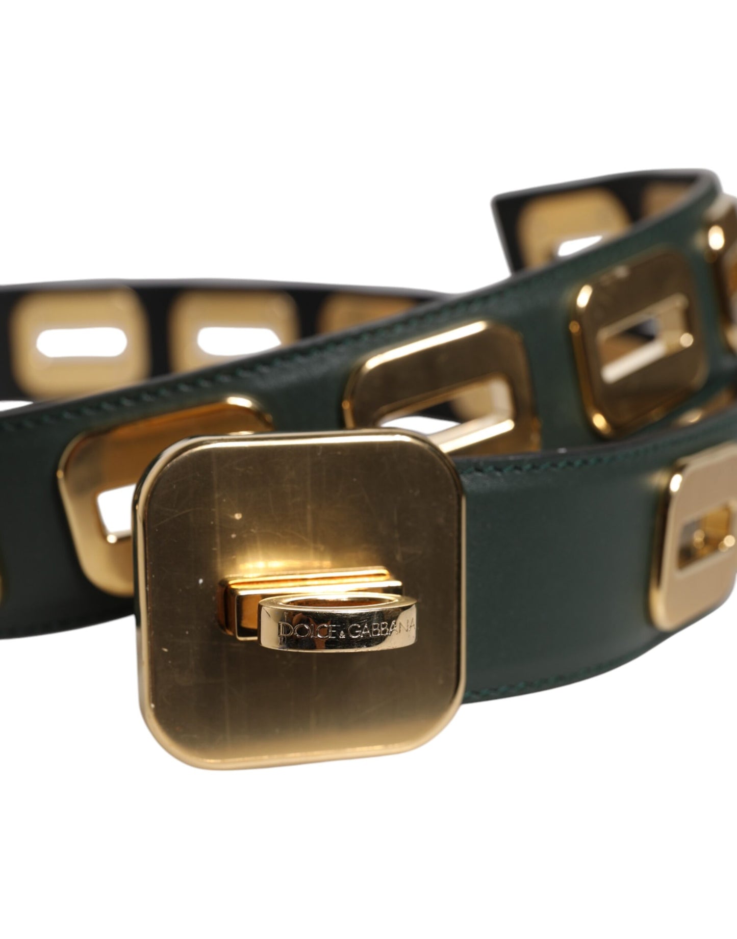 Dolce & Gabbana Groene Leren Goudkleurige Riem met Draaibare Gesp