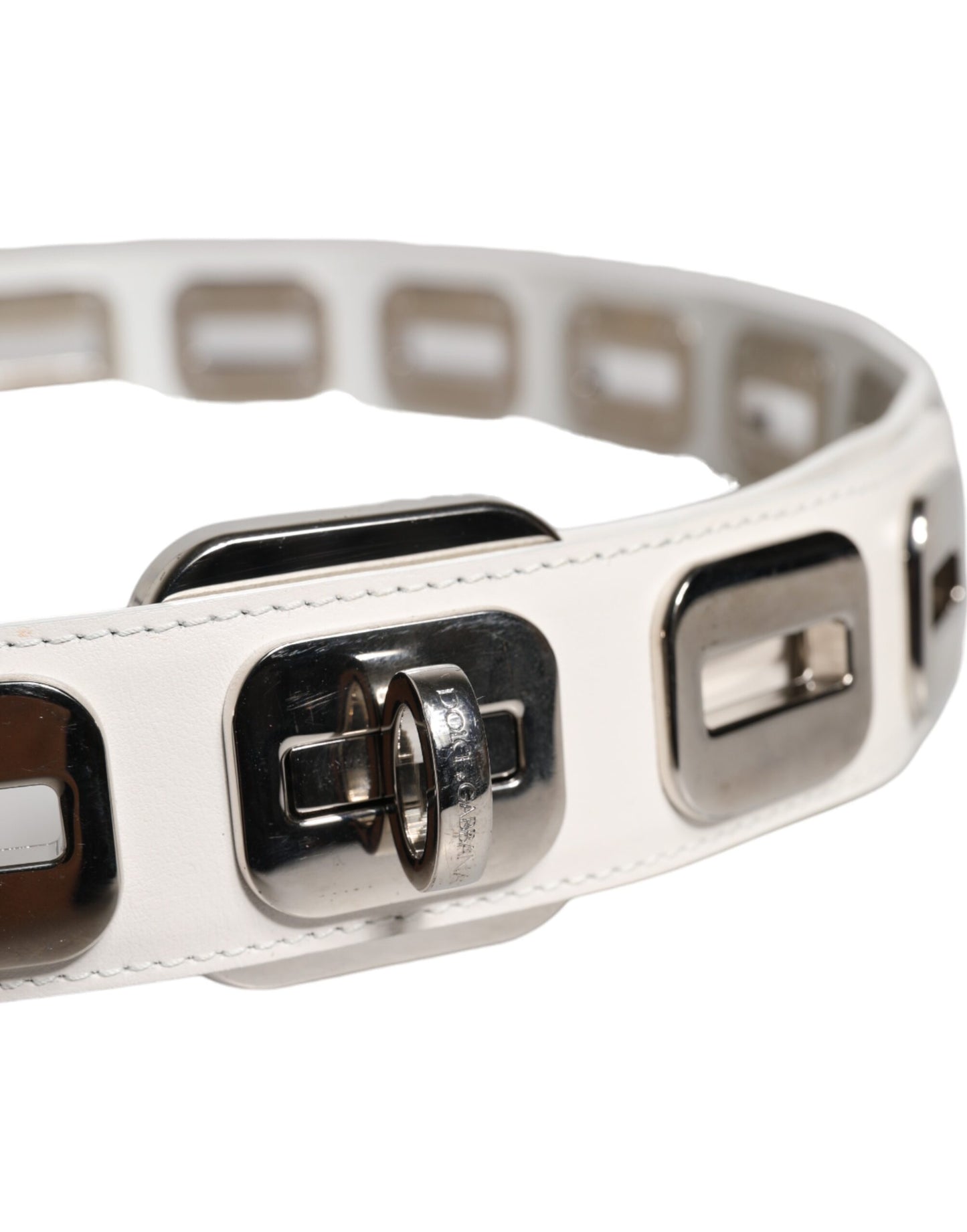 Dolce & Gabbana witte leren riem met draaibare gesp in goudkleur
