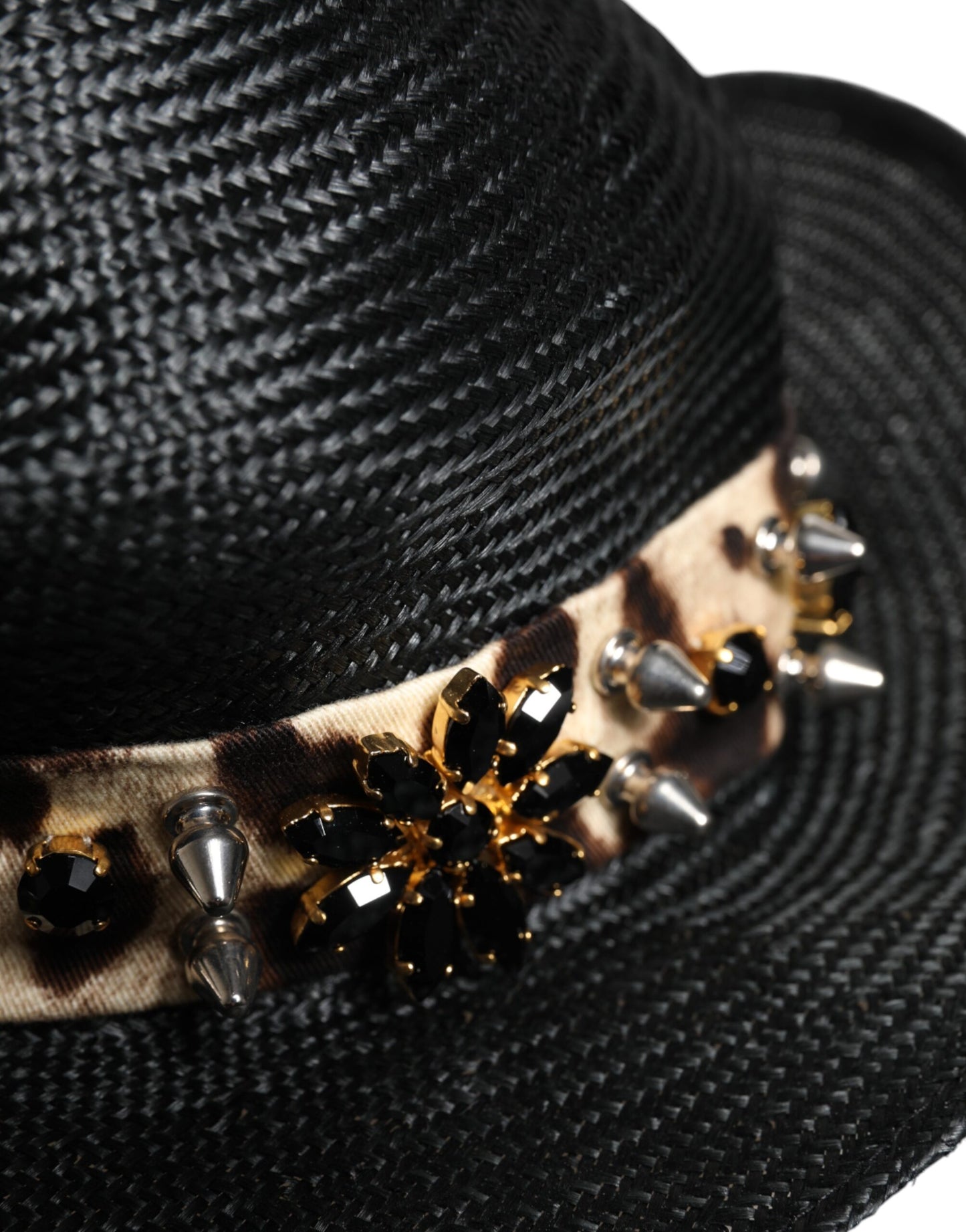 Dolce & Gabbana Zwarte Stro Kristal Versierde Hoed met Brede Rand