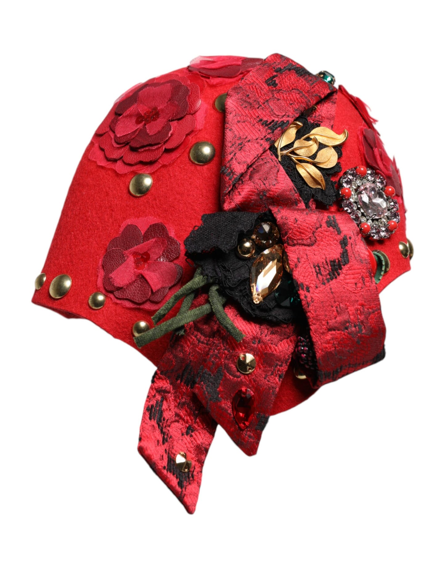 Dolce & Gabbana Rode Kristallen Gouden Rozen Broche Versierde Hoed