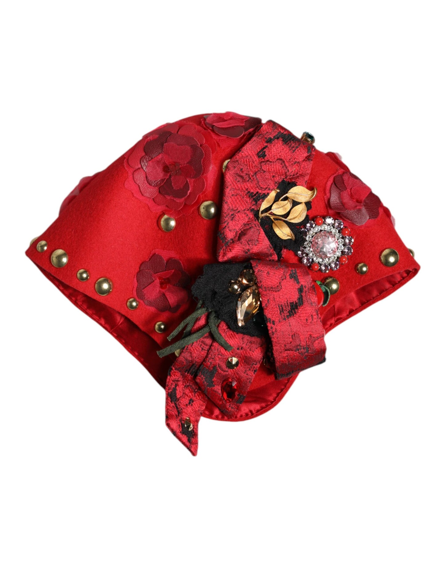 Dolce & Gabbana Rode Kristallen Gouden Rozen Broche Versierde Hoed