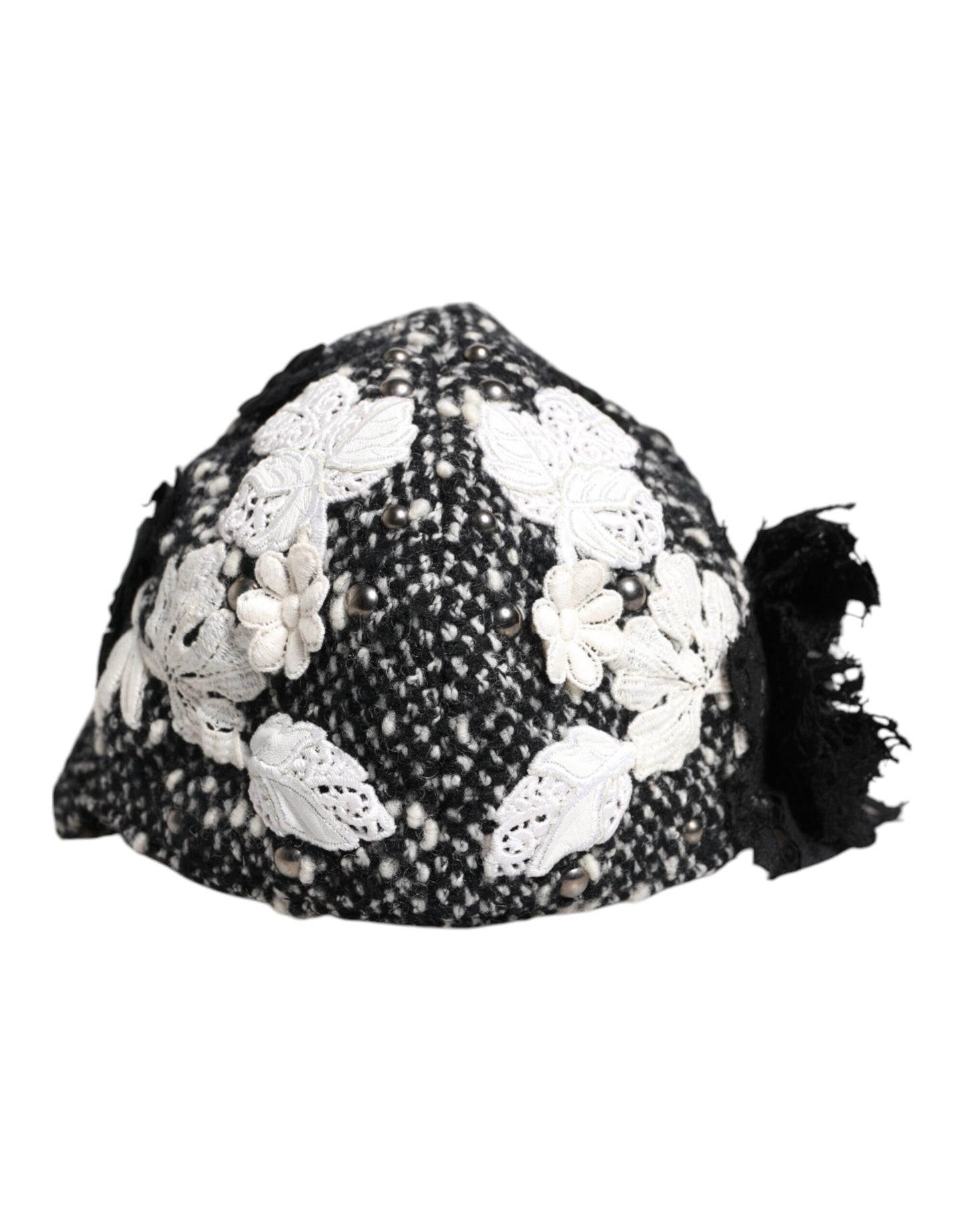 Dolce & Gabbana zwarte wollen witte bloemen versierde cloche hoed