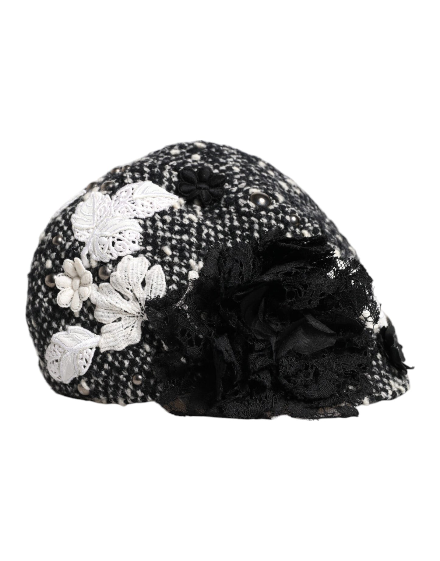 Dolce & Gabbana zwarte wollen witte bloemen versierde cloche hoed