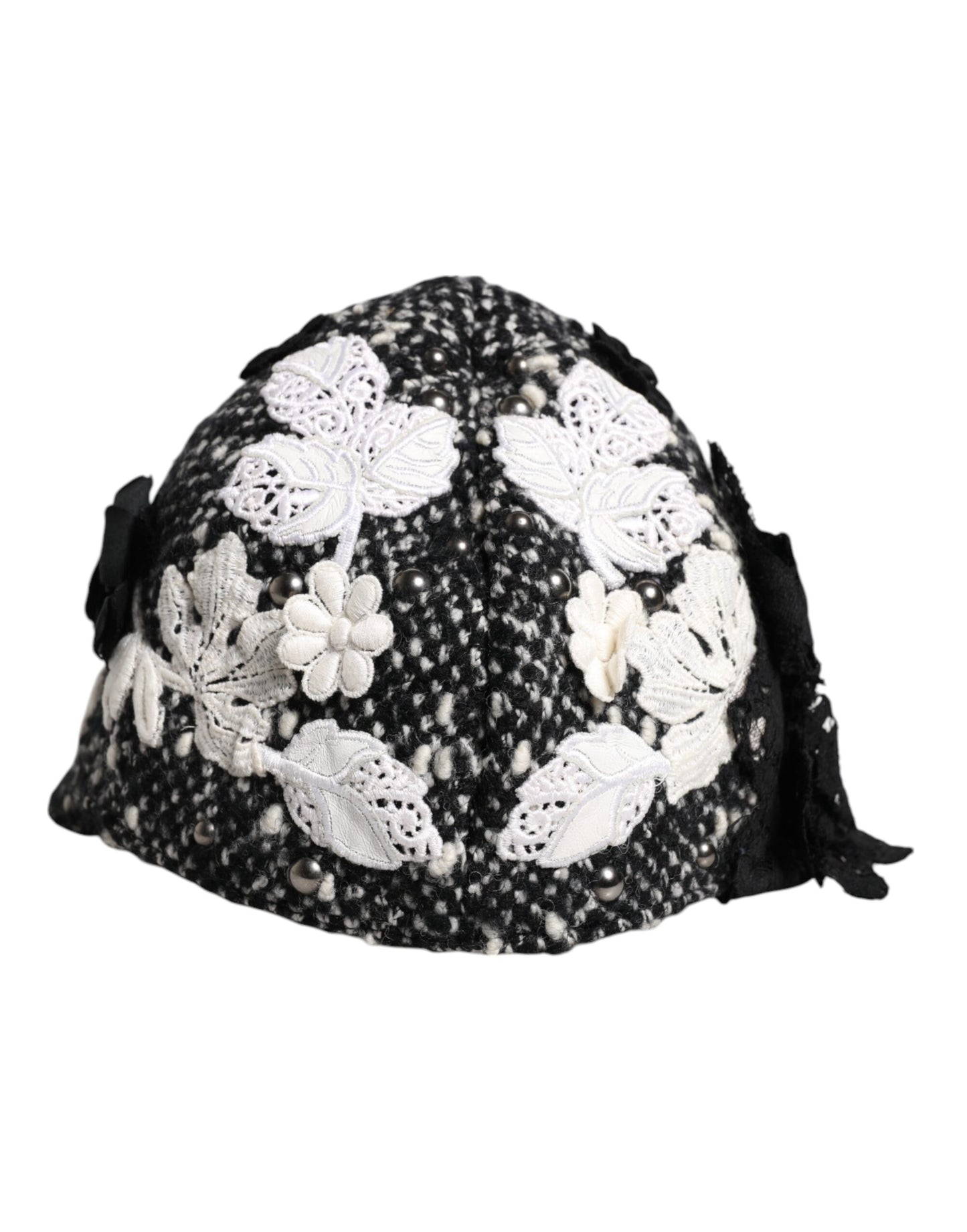 Dolce & Gabbana zwarte wollen witte bloemen versierde cloche hoed