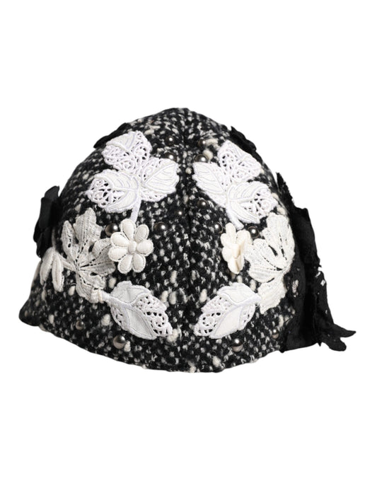 Dolce & Gabbana zwarte wollen witte bloemen versierde cloche hoed