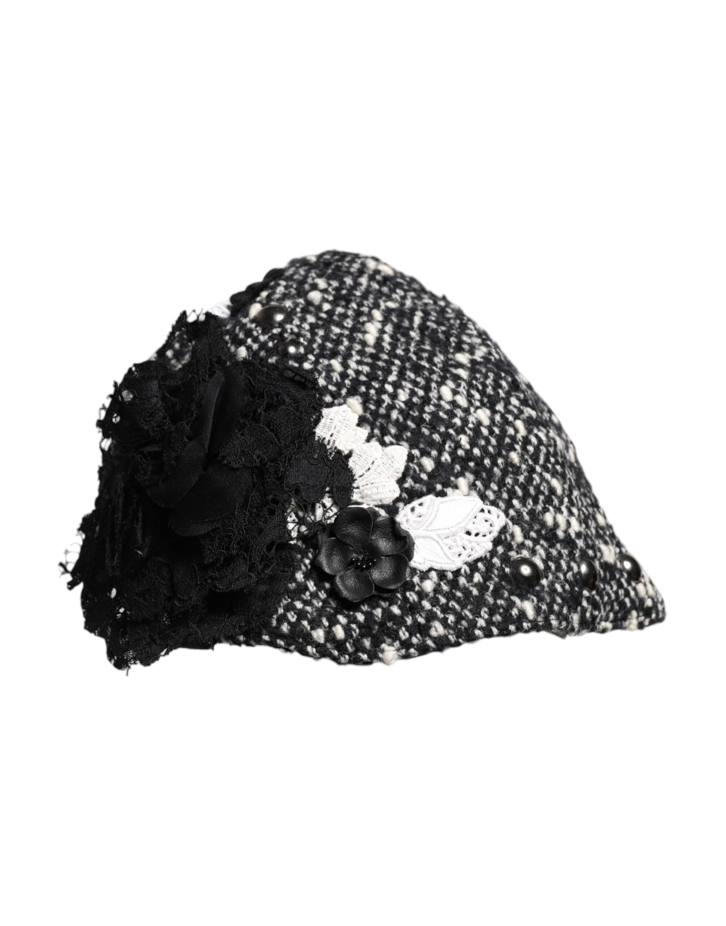 Dolce & Gabbana zwarte wollen witte bloemen versierde cloche hoed