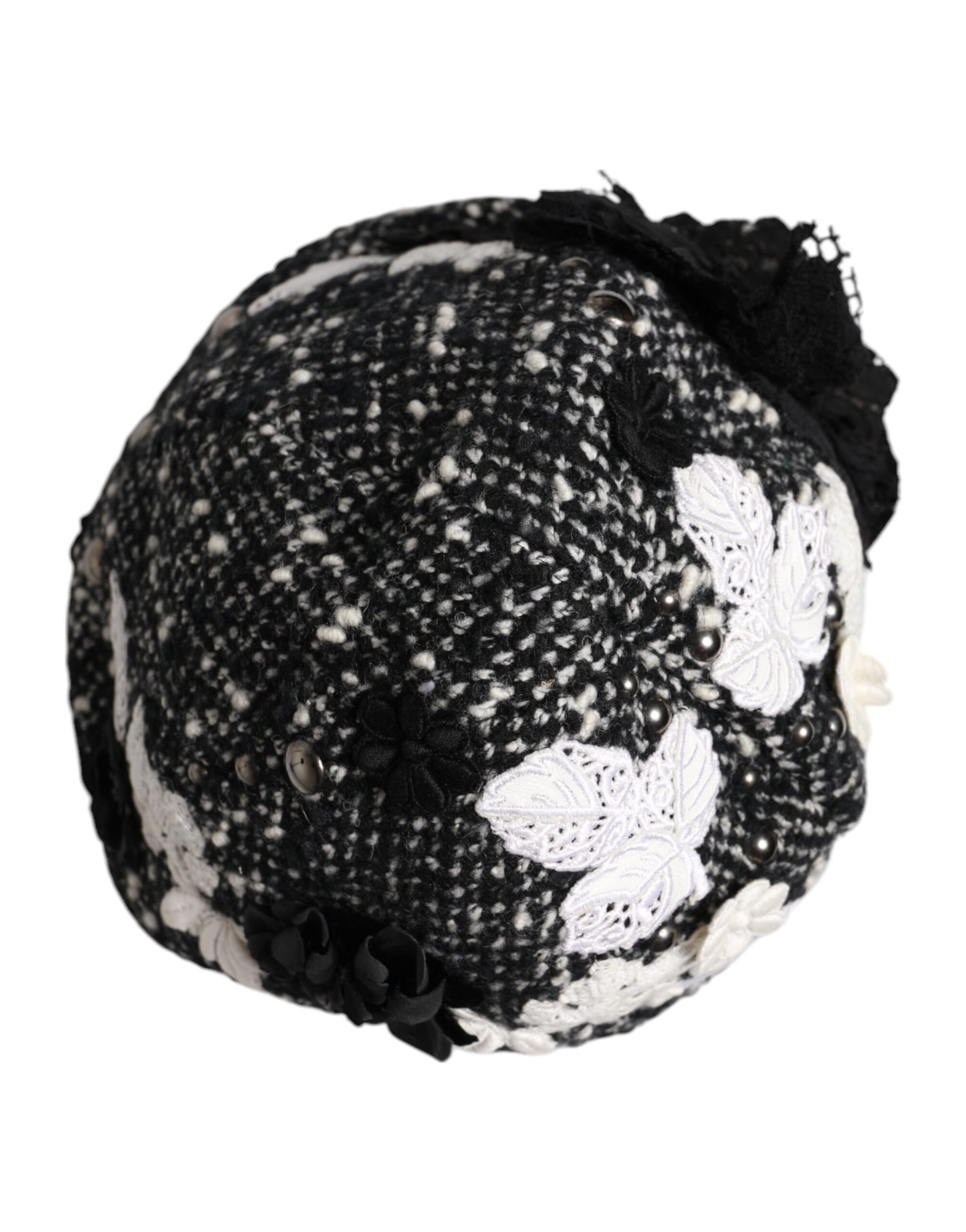 Dolce & Gabbana zwarte wollen witte bloemen versierde cloche hoed