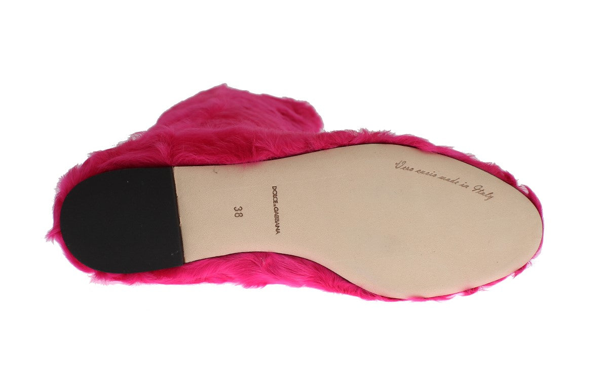 Bottines plates en cuir et fourrure d'agneau rose de Dolce & Gabbana
