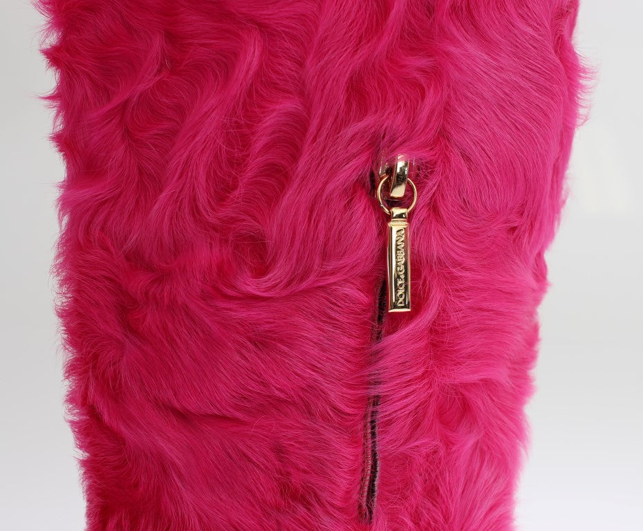 Bottines plates en cuir et fourrure d'agneau rose de Dolce & Gabbana