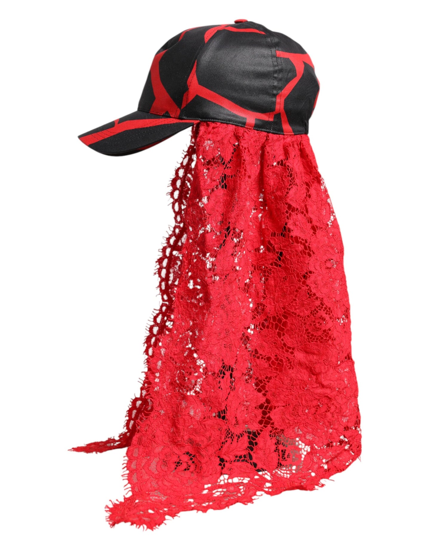 Casquette de baseball en tulle et dentelle rouge et noire Dolce & Gabbana