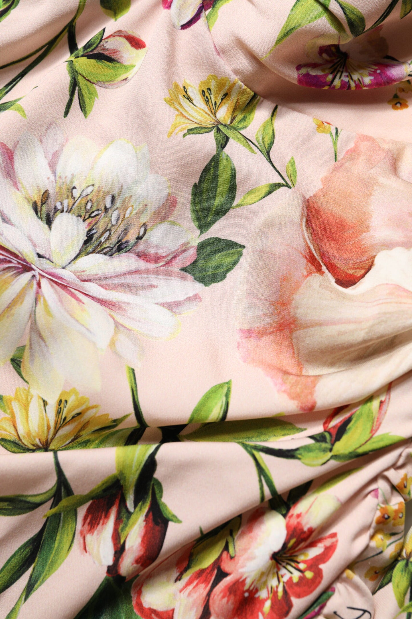 Robe midi en soie rose à motifs floraux, taille ajustée et évasée de Dolce & Gabbana