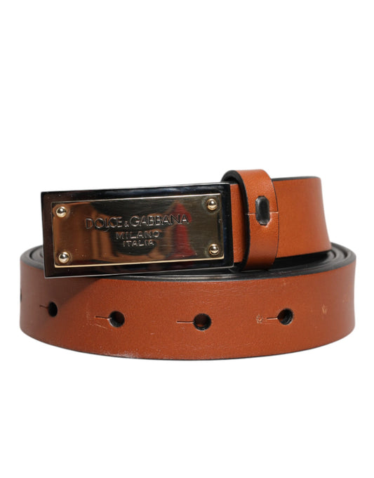 Dolce & Gabbana Bruine Leren Riem met Rechthoekige Gesp en Goudkleurige Gesp