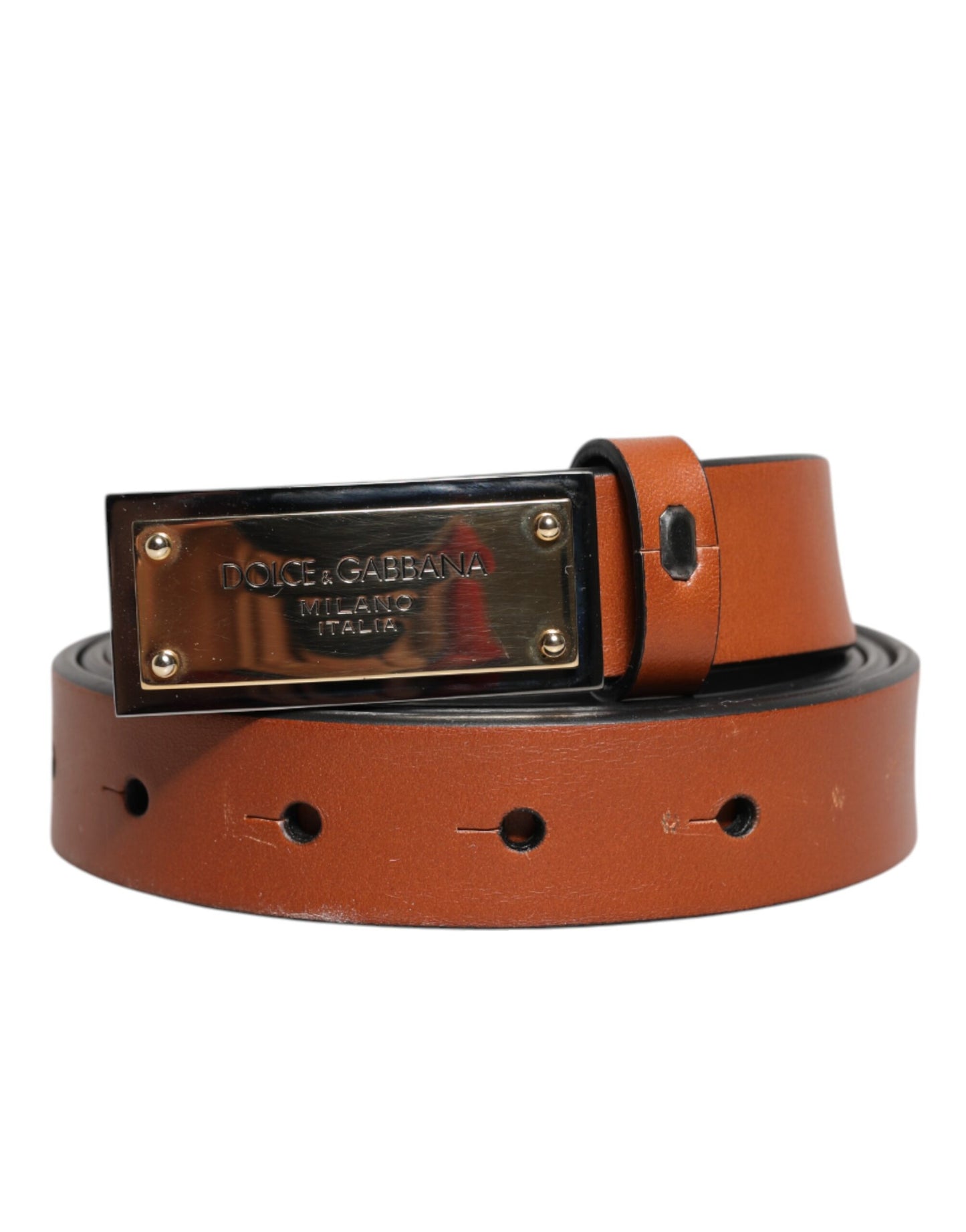 Dolce & Gabbana Bruine Leren Riem met Rechthoekige Gesp en Goudkleurige Gesp