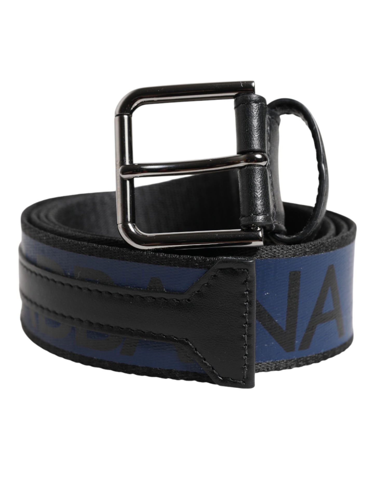 Ceinture Dolce & Gabbana noire et bleue avec boucle en métal argenté et logo DG