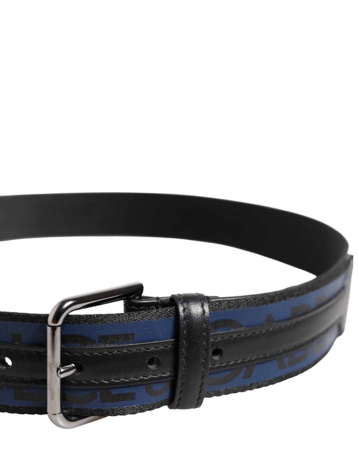 Ceinture Dolce & Gabbana noire et bleue avec boucle en métal argenté et logo DG