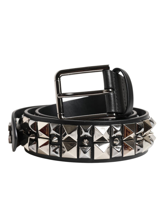 Dolce & Gabbana Zwarte Kalfsleren Riem met Zilveren Gesp en Studs