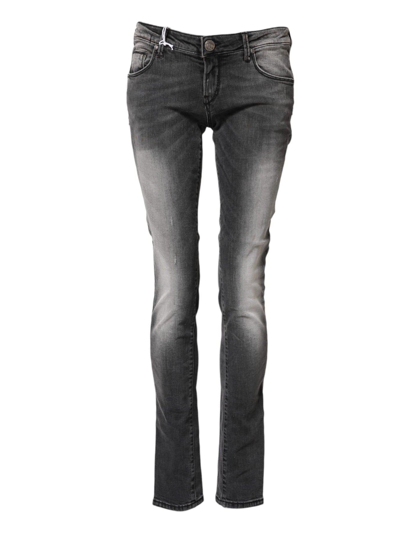 Acht donkergrijze katoenen slim fit denim jeans met lage taille.