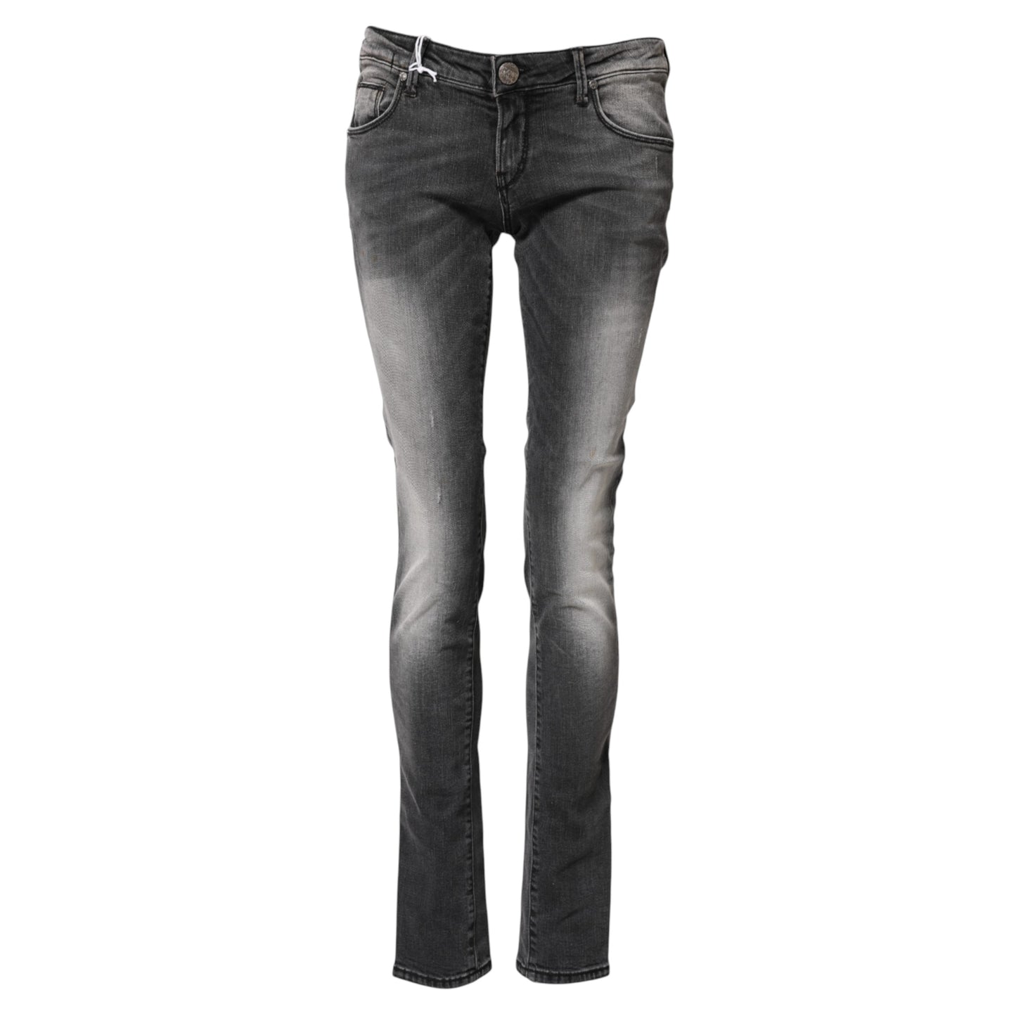 Acht donkergrijze katoenen slim fit denim jeans met lage taille.