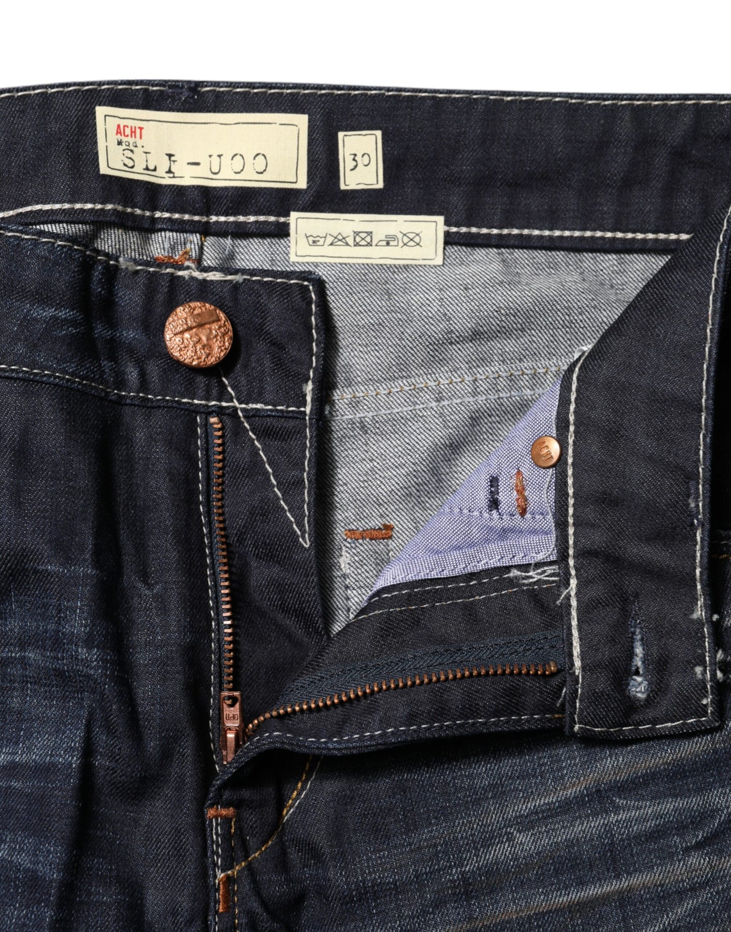 Jeans en coton délavé bleu à taille mi-hauteur et jambes évasées Acht