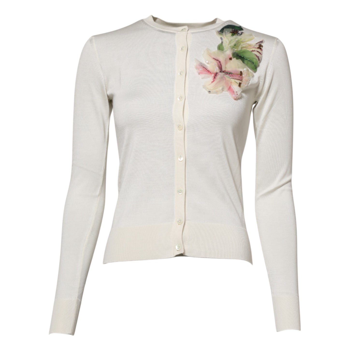 Cardigan en soie blanche à boutons avec motif de lys de Dolce & Gabbana